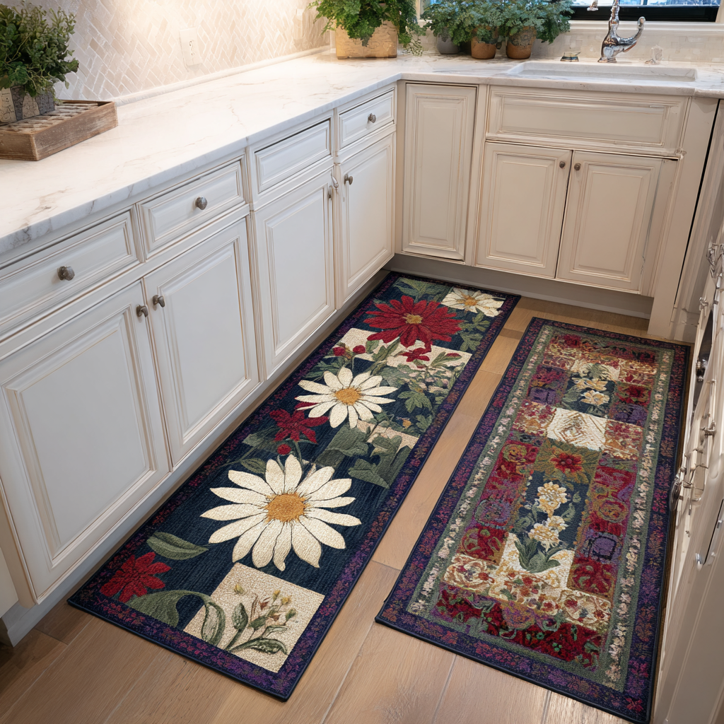 Non-slip kitchen rug with delicate flowers by Louise London