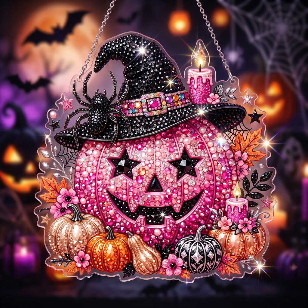 🔥HOT SALE 70% OFF - 🎃✨ Halloween Diamond Art Ornament Kit – Sparkling DIY Window Hanging Decor – 🎃💗 Pink Witch Pumpkin