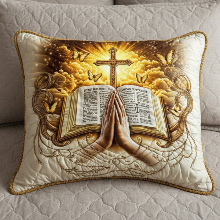 Quilted cushion cover with prayer and writing by Louise London