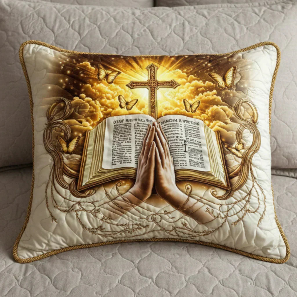 Quilted pillow cover with prayer and writing by Louise London