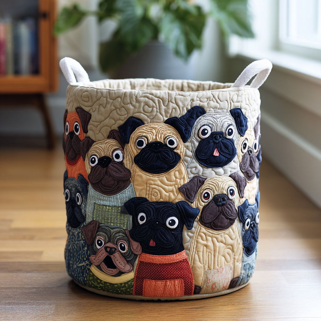 Quilted laundry basket with Pug by Louise London