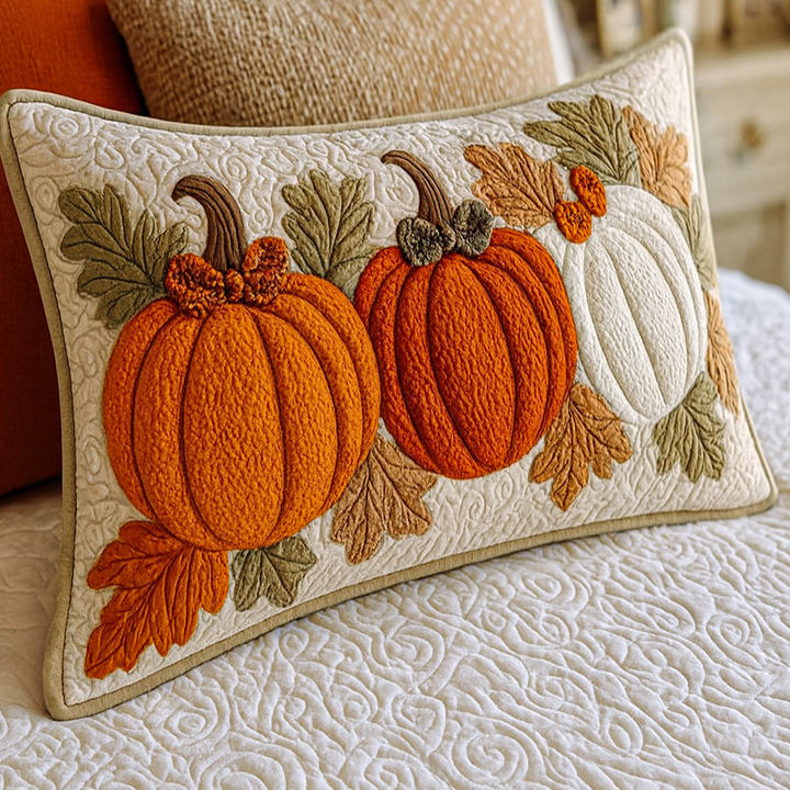 Quilted cushion cover with pumpkin leaf by Louise London