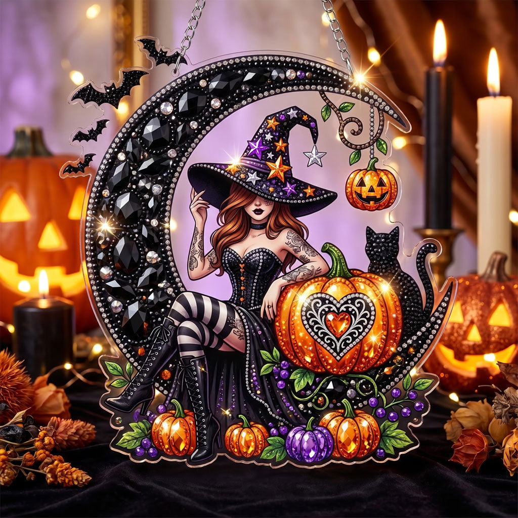 🔥HOT SALE 70% OFF - 🎃✨ Halloween Diamond Art Ornament Kit – Sparkling DIY Window Hanging Decor – 🧙‍♀️🎃 Pumpkin Moon Witch