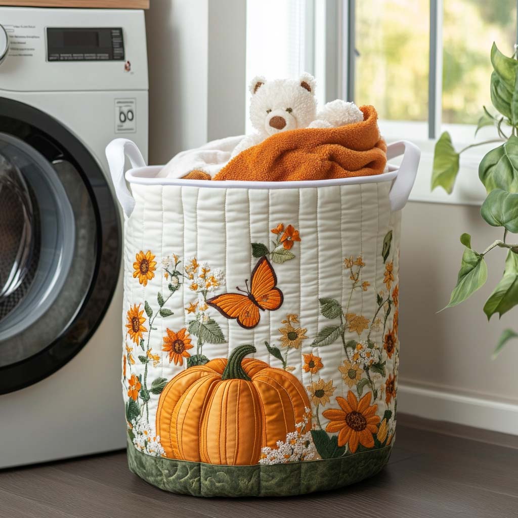Quilted laundry basket with autumn leaves by Louise London