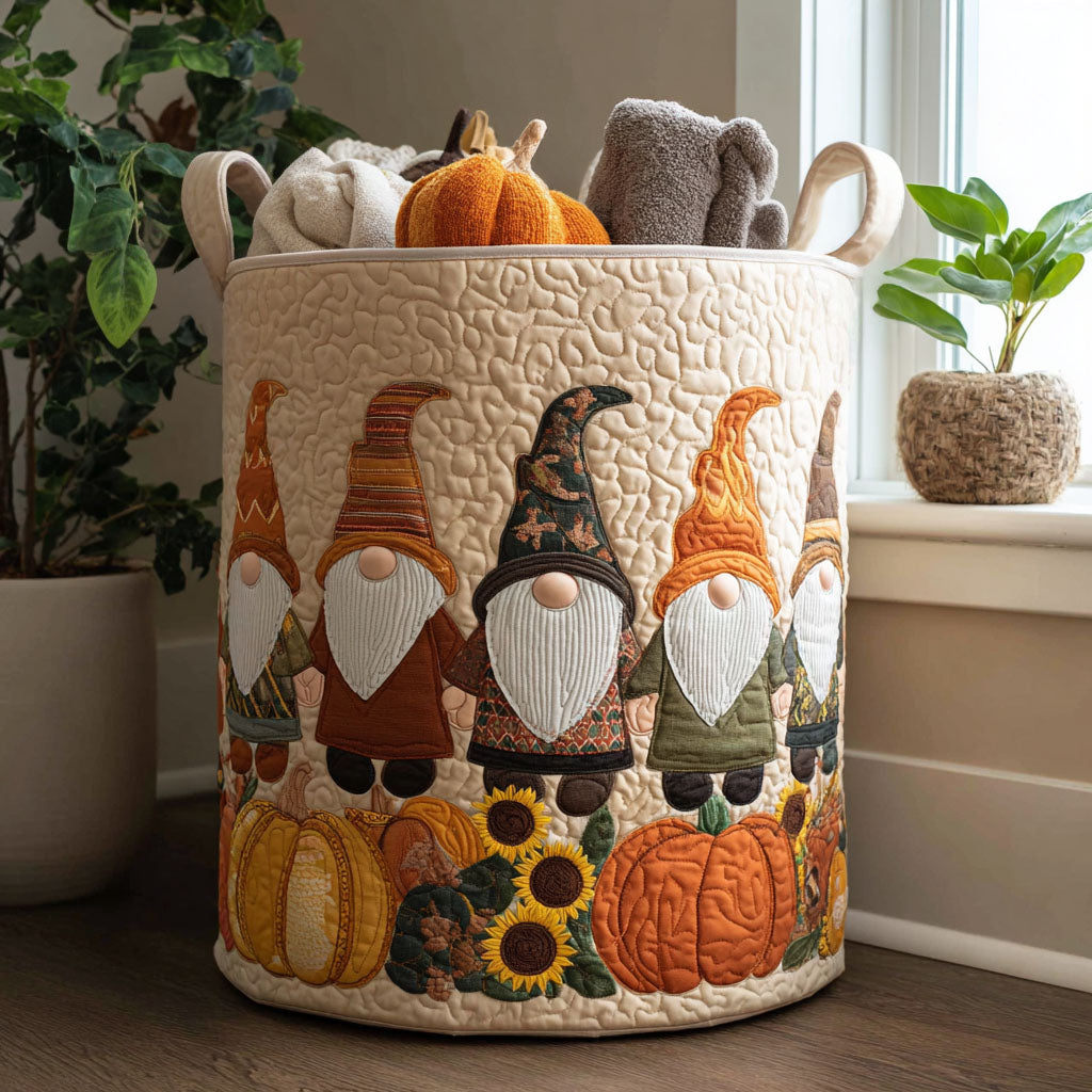 Quilted laundry basket with decorative gnomes by Louise London