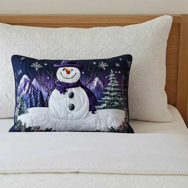 Quilted pillow cover with purple snowman