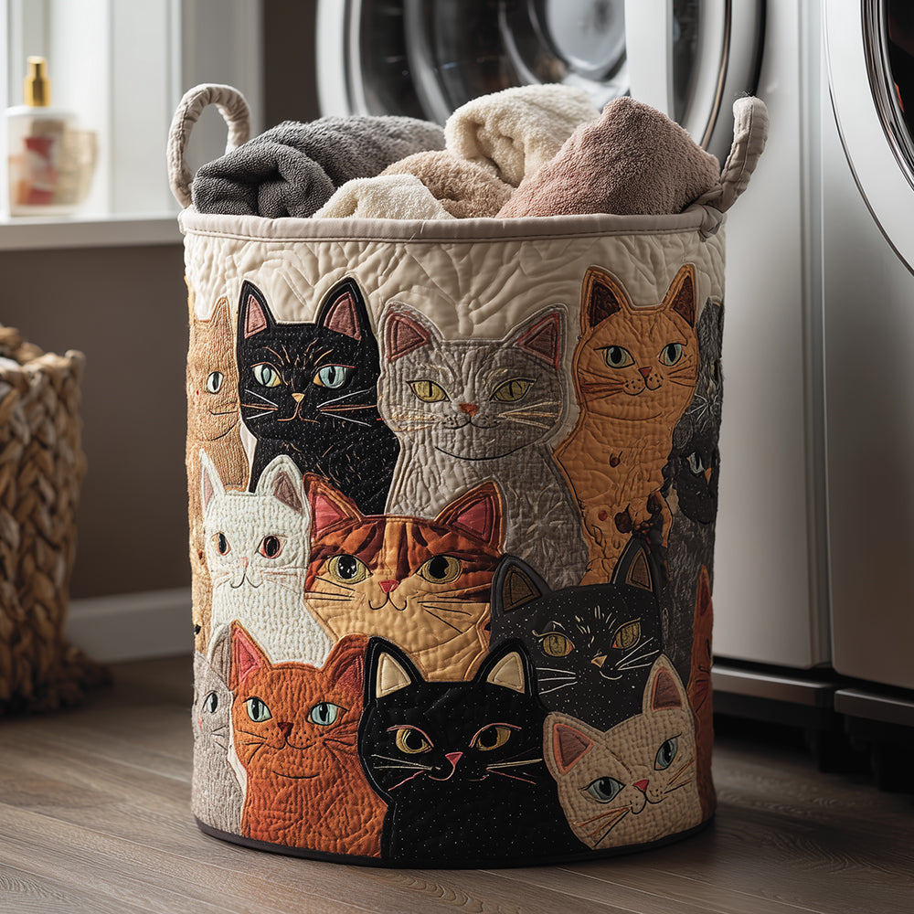 Quilted laundry basket with cosy cat by Louise London