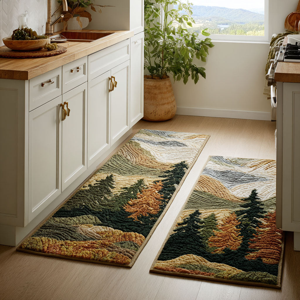 Non-slip kitchen rug with tranquil peaks by Louise London