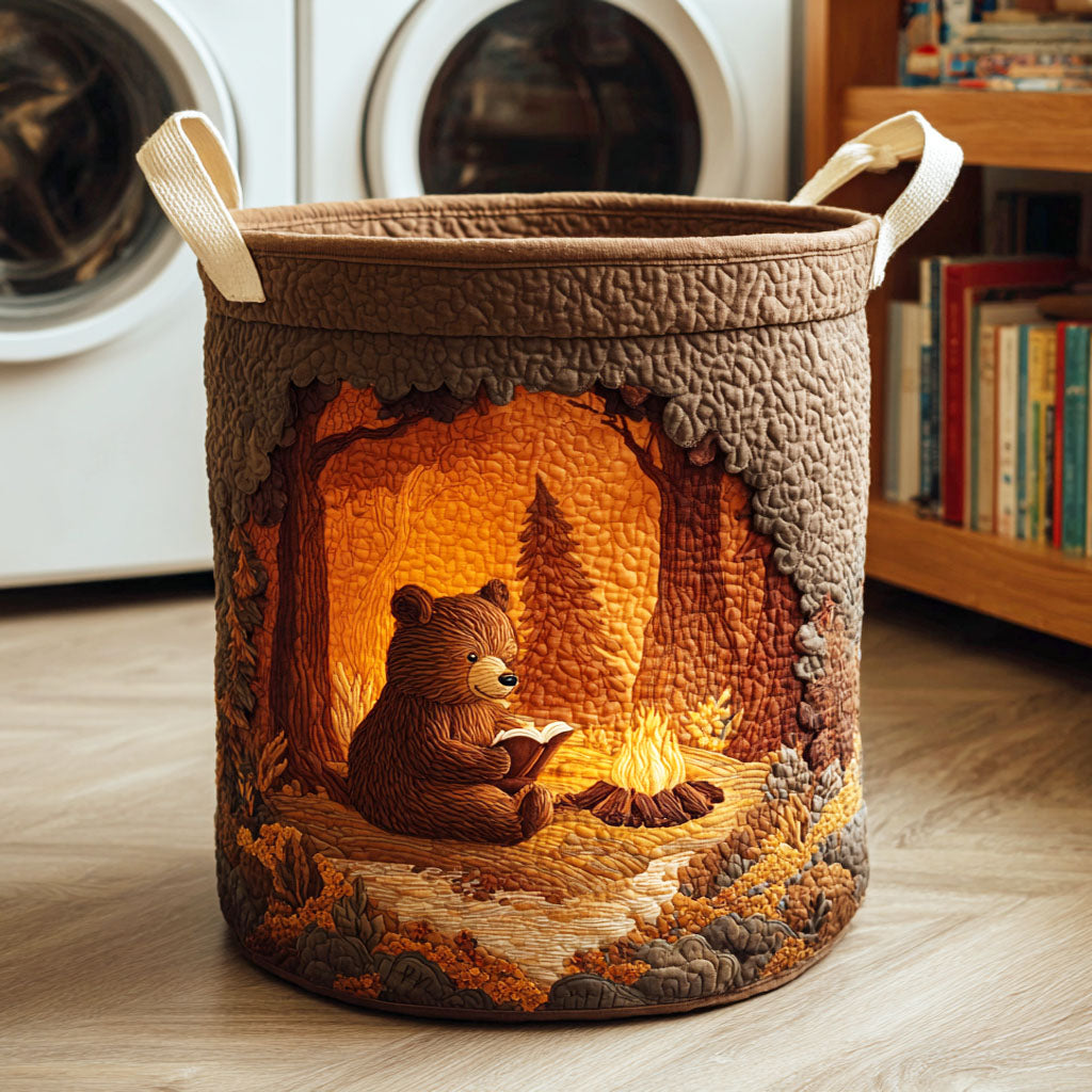 Quilted laundry basket with bear and books by Louise London