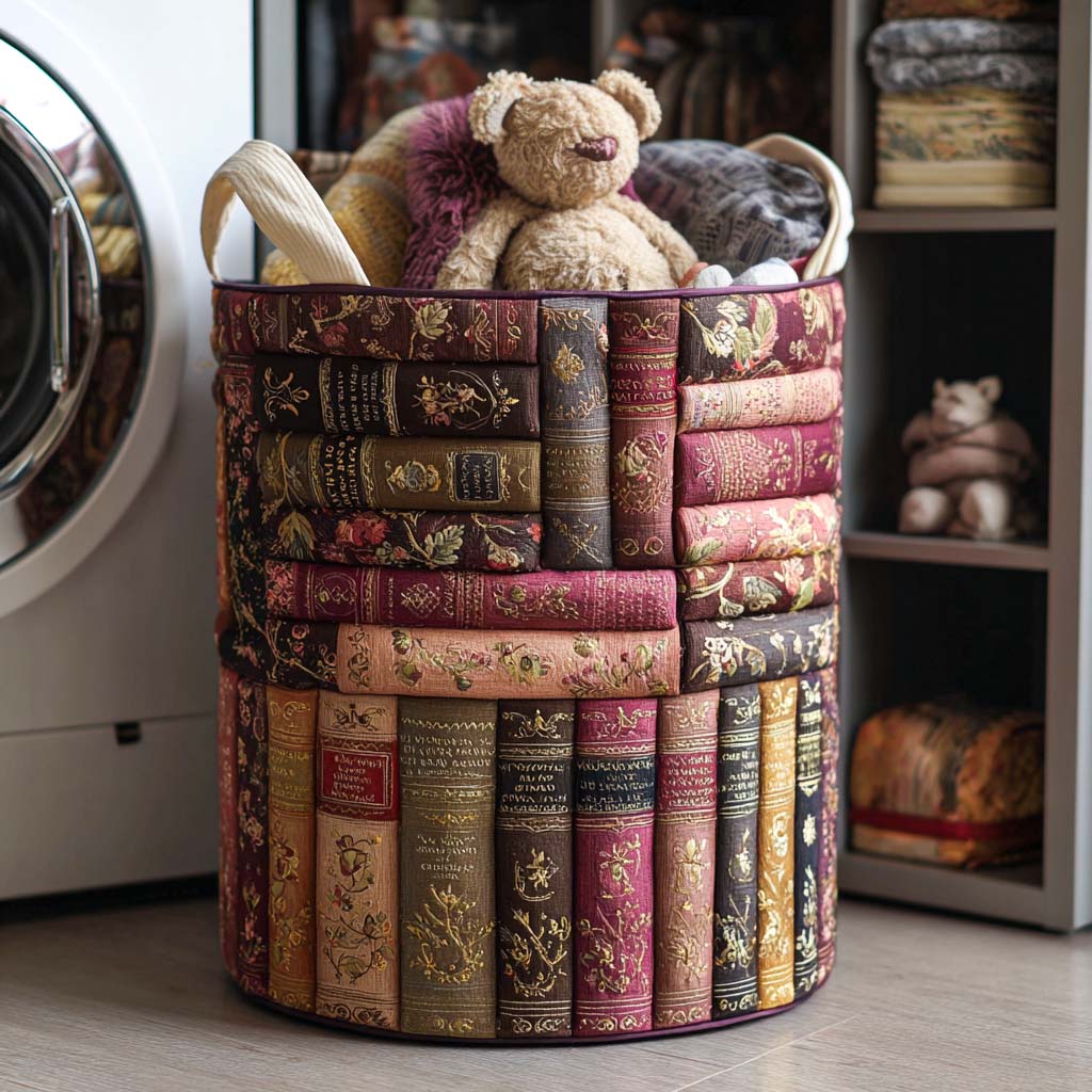 Quilted laundry basket with books and flowers by Louise London
