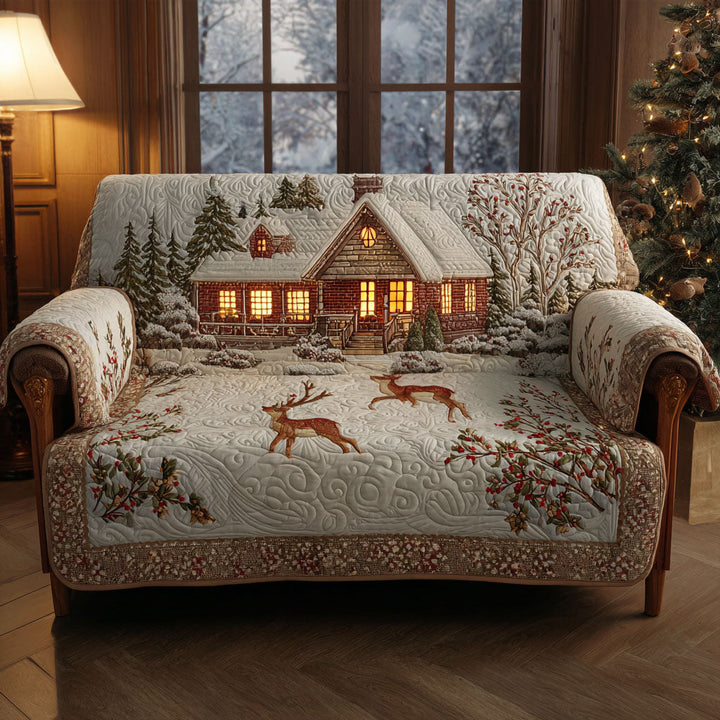 Quilted sofa cover with winter lodge