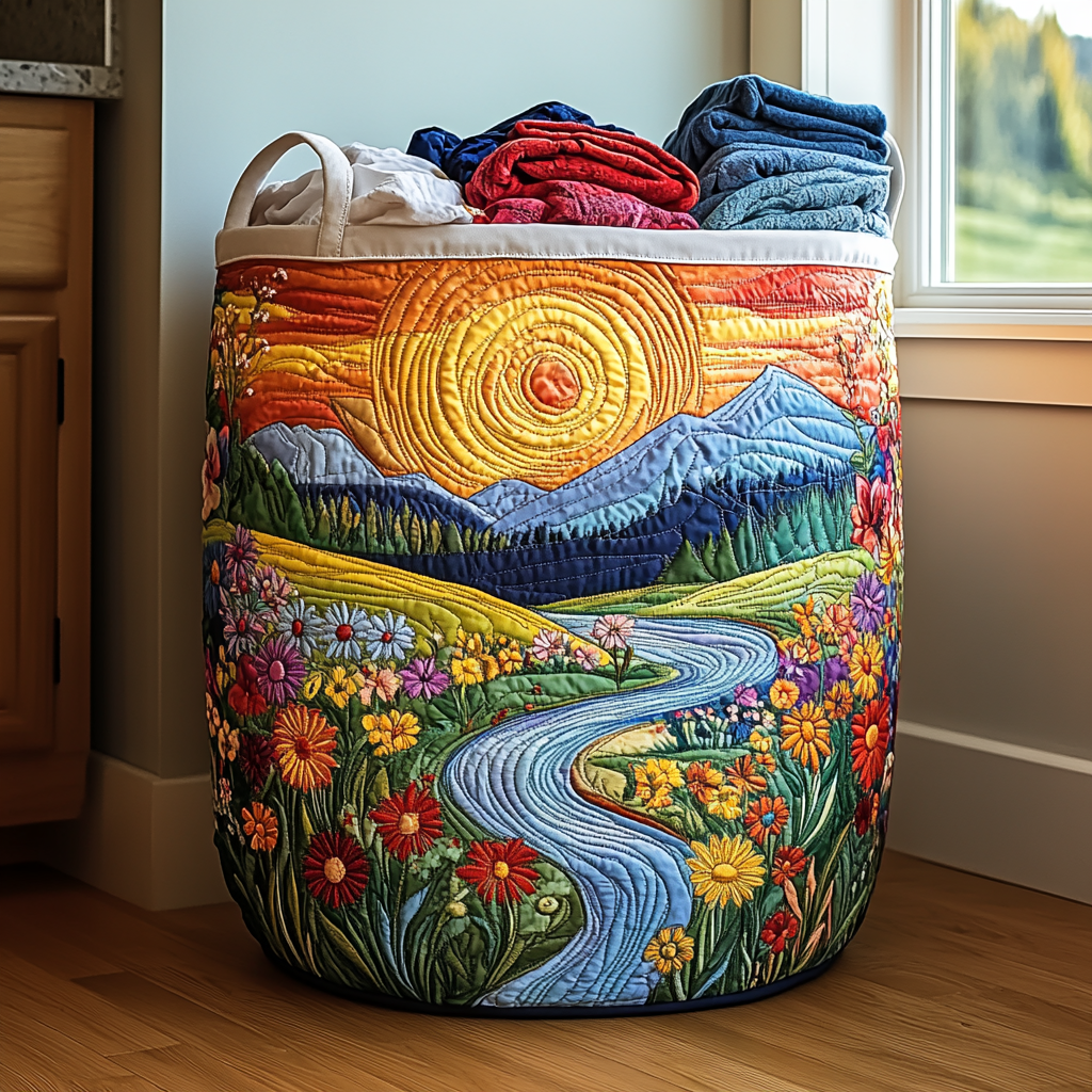 Quilted laundry basket with natural landscape by Louise London