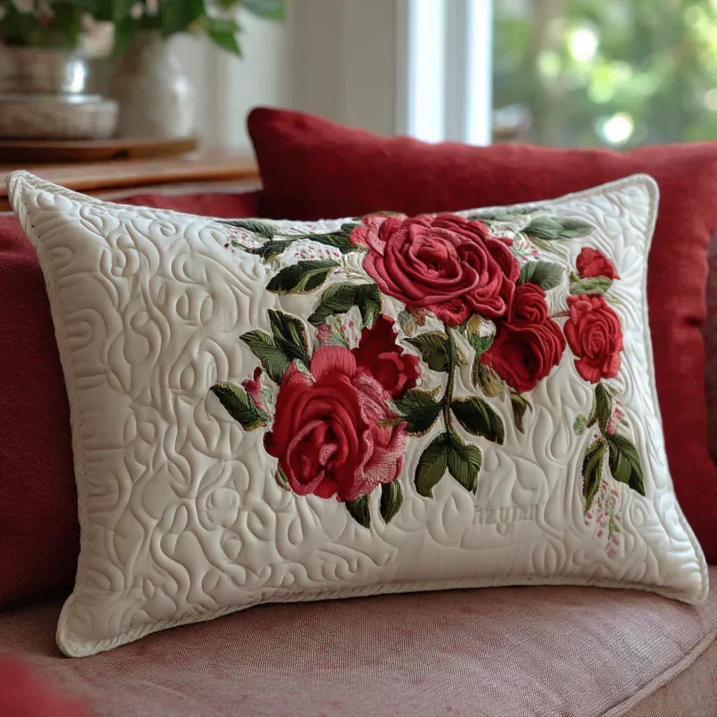 Quilted pillow cover with roses and hearts by Louise London