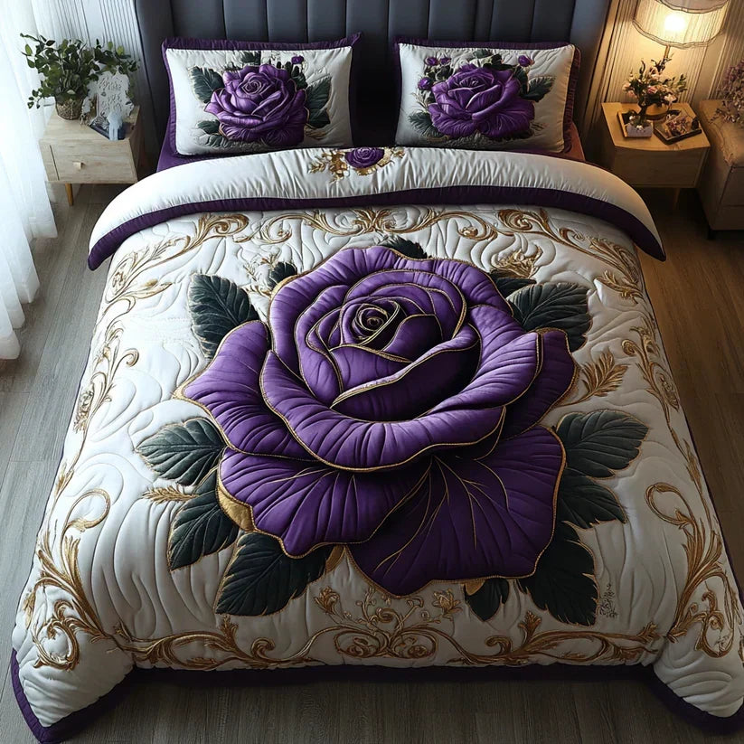 Quilted 3-Piece Bedding Set - Pink Purple