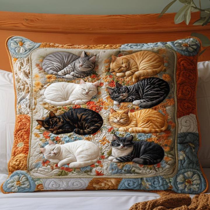 Quilted pillow cover with cat and rustic garden by Louise London
