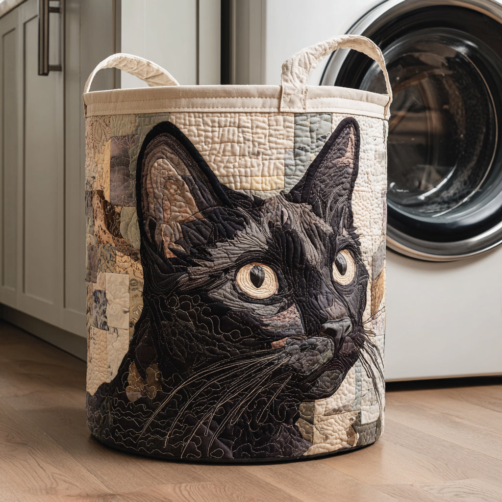 Quilted laundry basket with black cat by Louise London