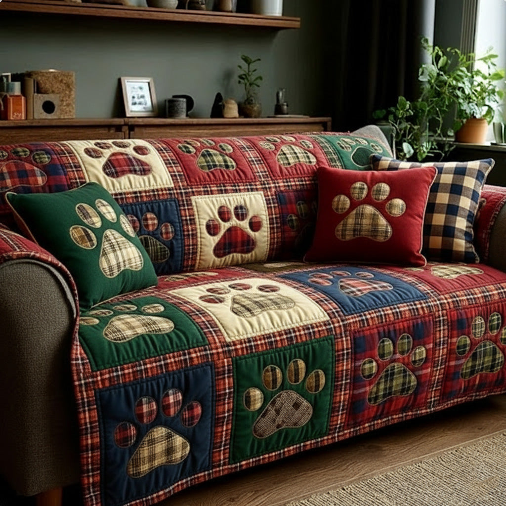 Quilted sofa cover with rustic paw and heart – Louise London