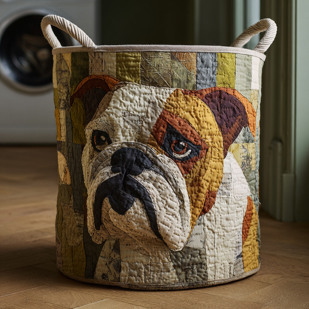Quilted laundry basket with Bulldog in rustic style by Louise London