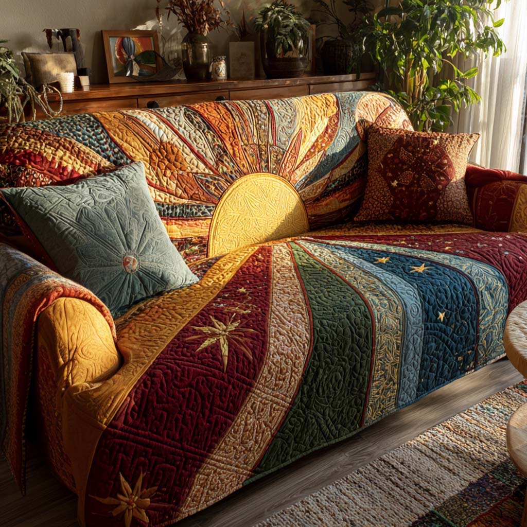 Quilted patchwork rustic sofa cover at dawn – Louise London