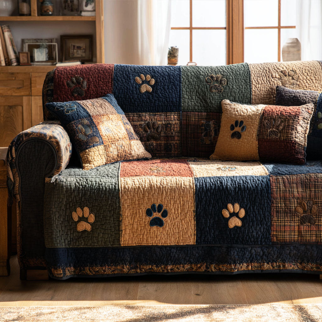 Quilted sofa cover with paw prints