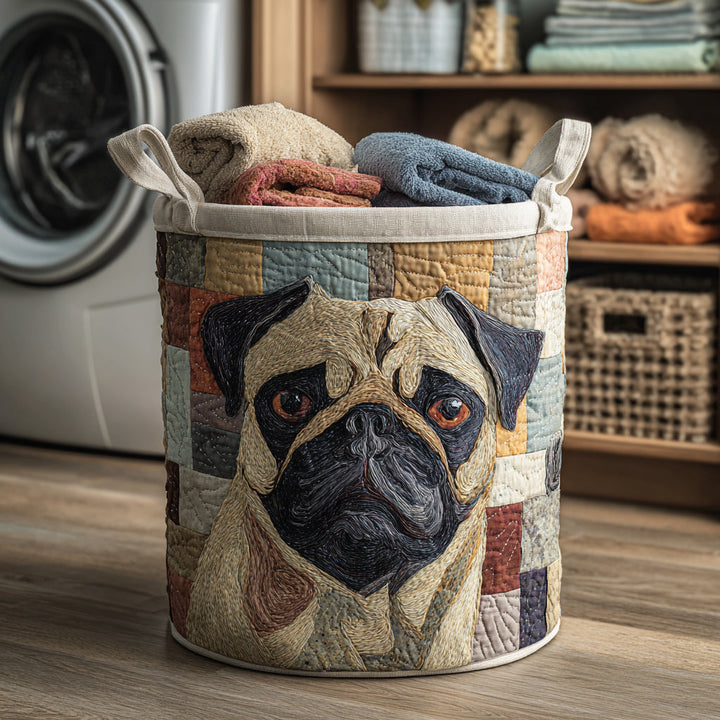 Quilted laundry basket with Pug in rustic style by Louise London