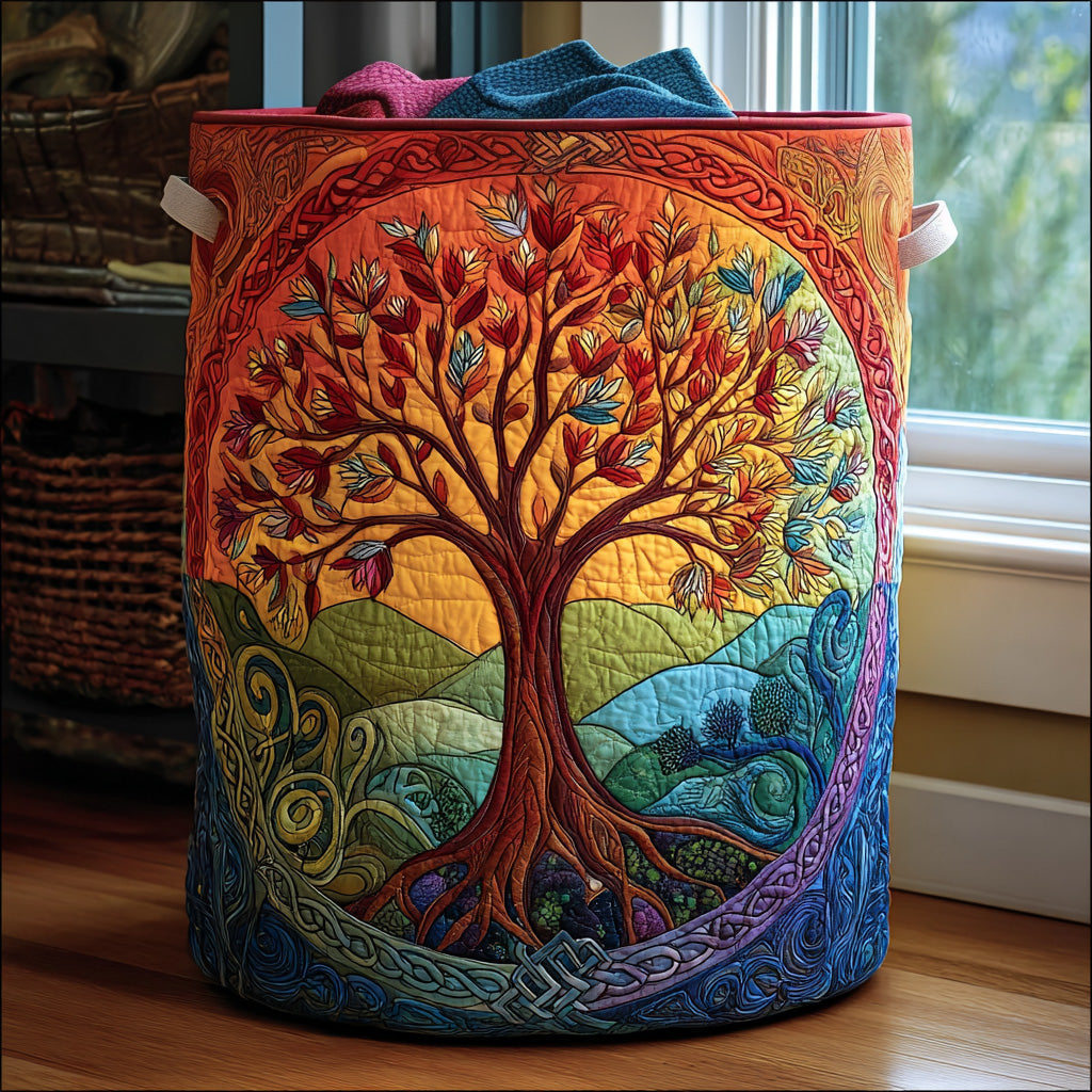 Quilted laundry basket with natural landscape