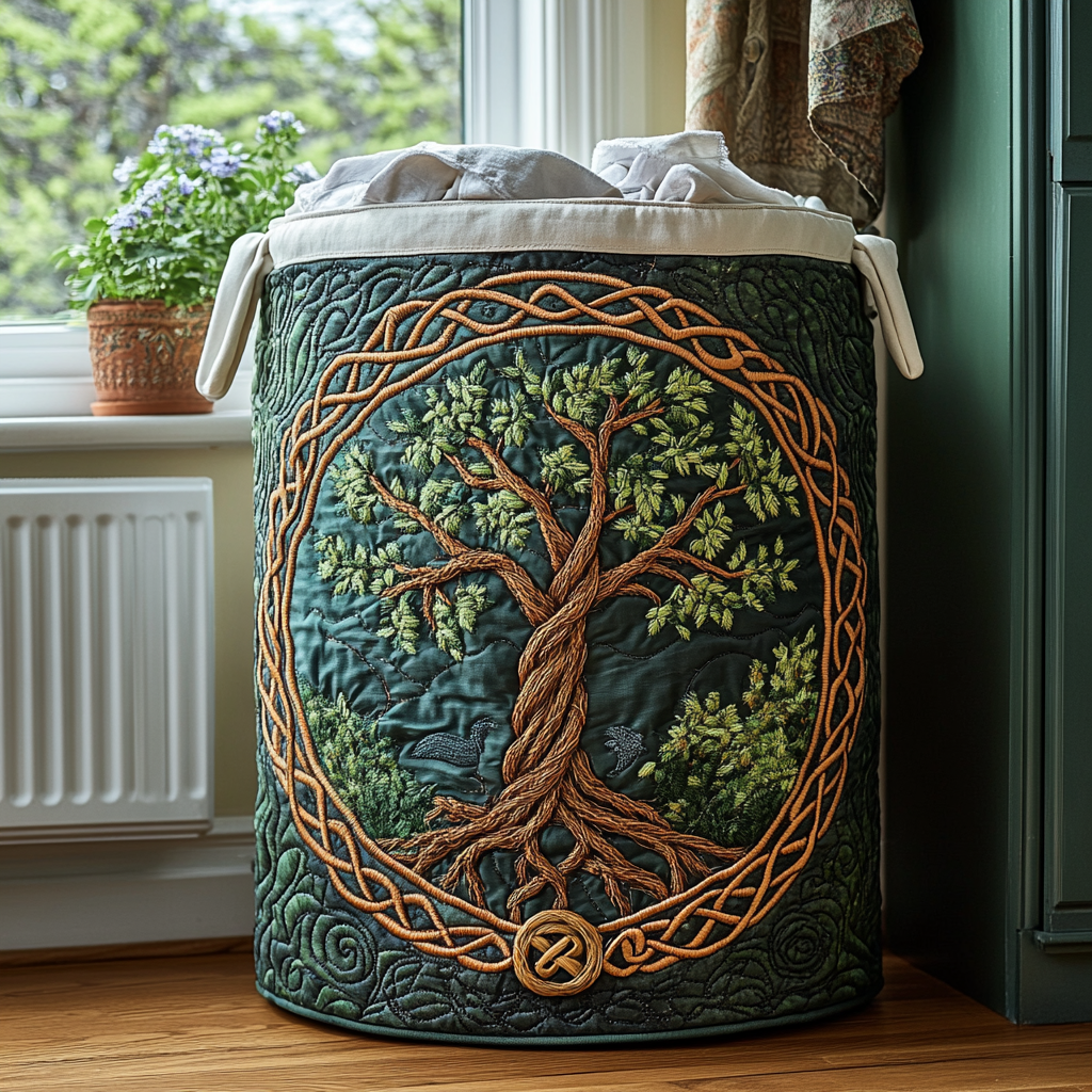Quilted laundry basket with natural landscape – product image 6