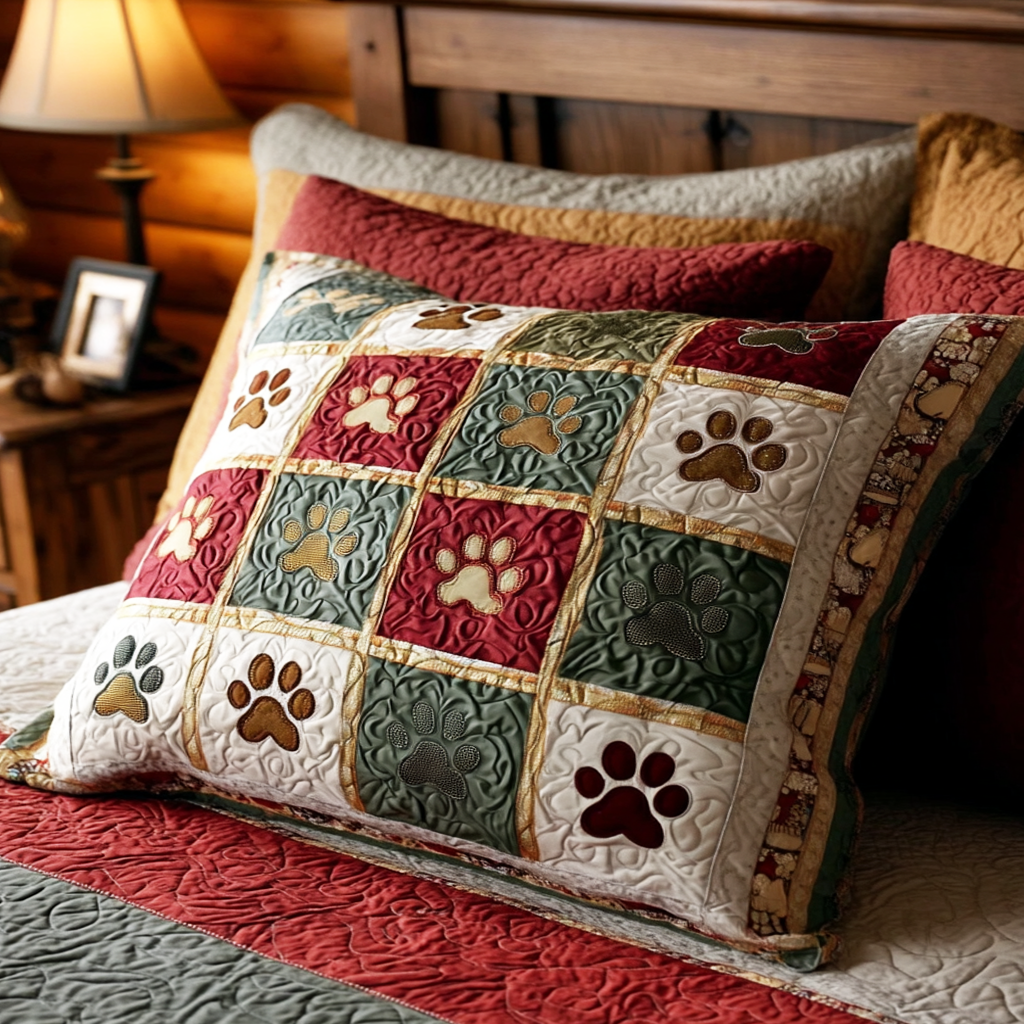 Quilted cushion cover with scarlet paws by Louise London