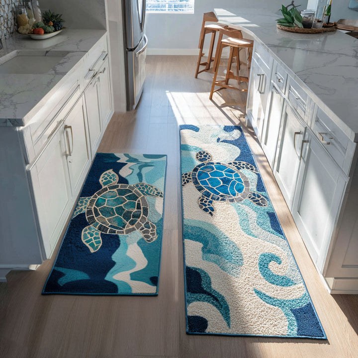 Non-slip kitchen rug with seashells on the shore by Louise London