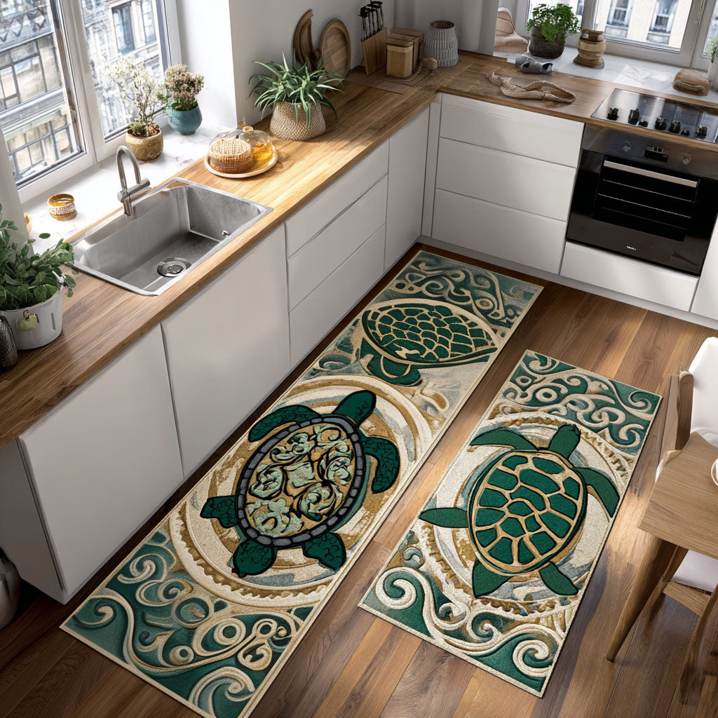Non-slip kitchen rug with delicate shells by Louise London