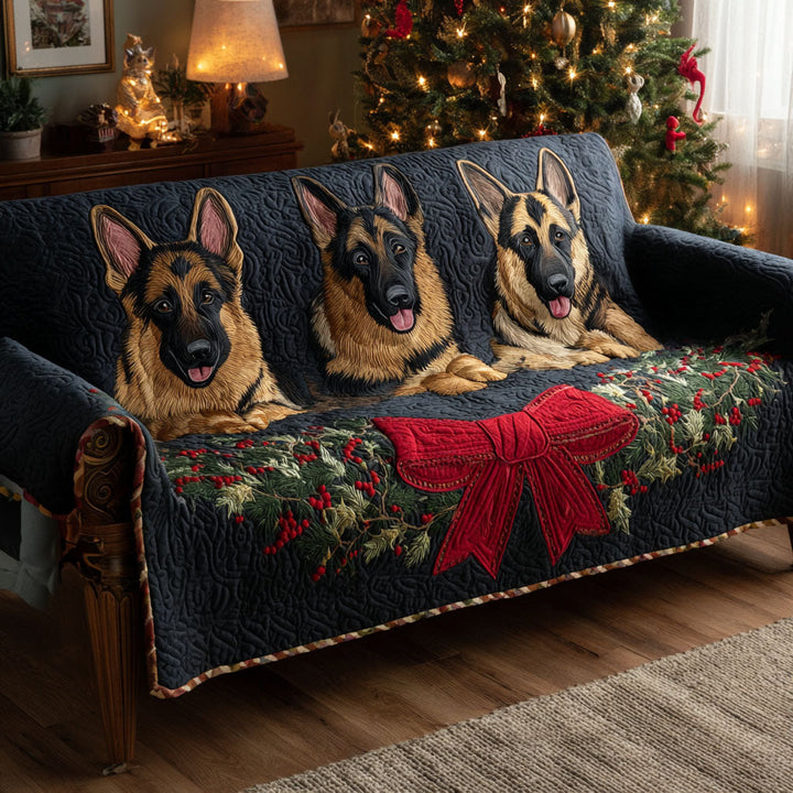 Quilted sofa cover with German shepherd and winter bow – Louise London