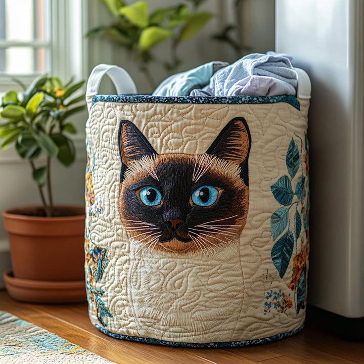 Quilted laundry basket with Siamese cat by Louise London