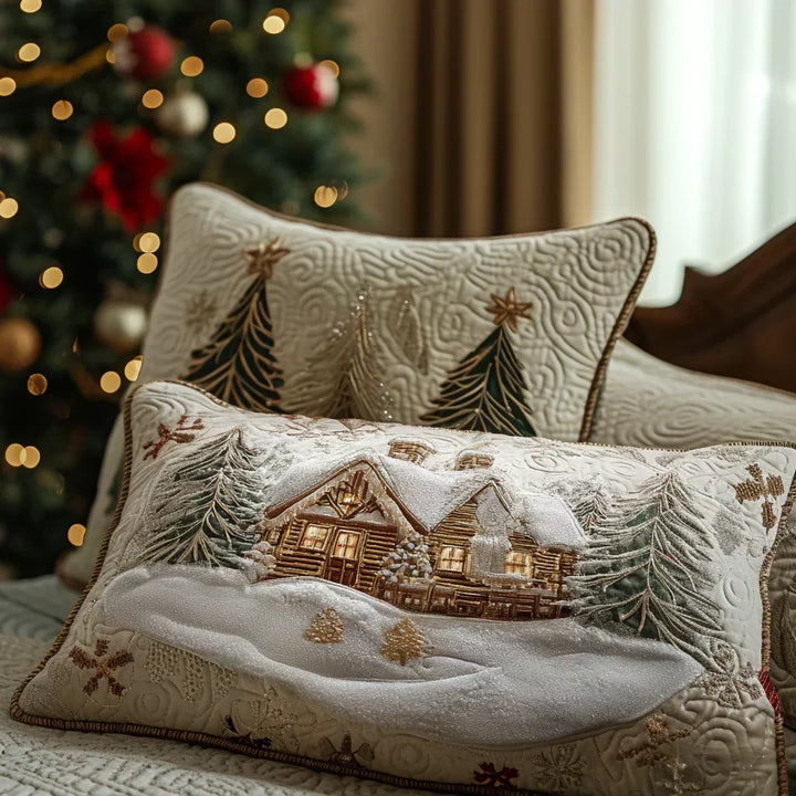 Quilted cushion cover with chalet under the snow by Louise London