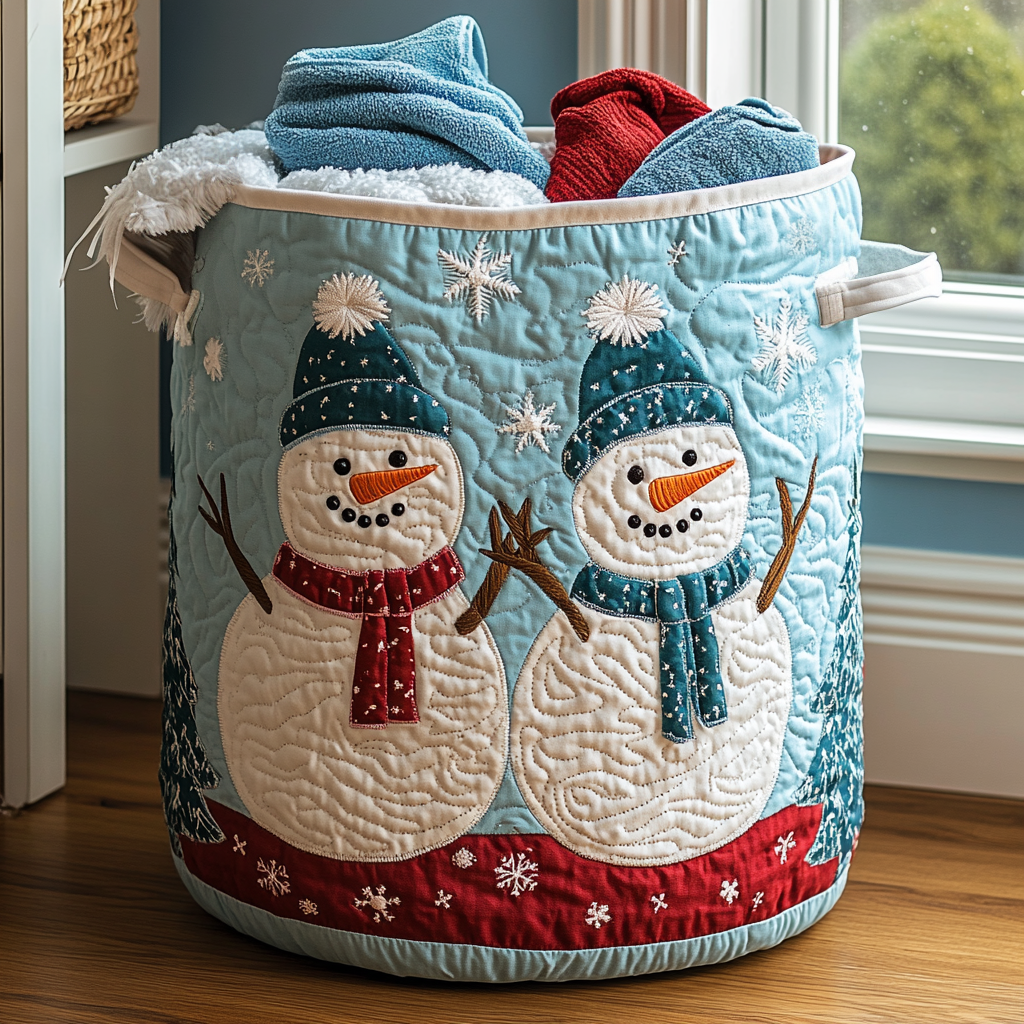 Quilted laundry basket with snowman by Louise London