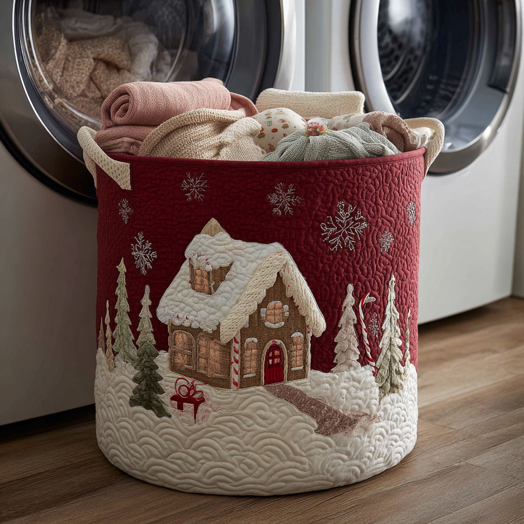 Quilted laundry basket with snow-covered house by Louise London
