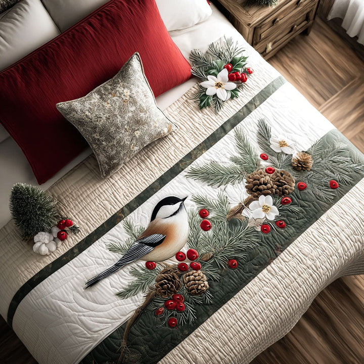 Snowy Pine Perch quilted bed runner by Louise London