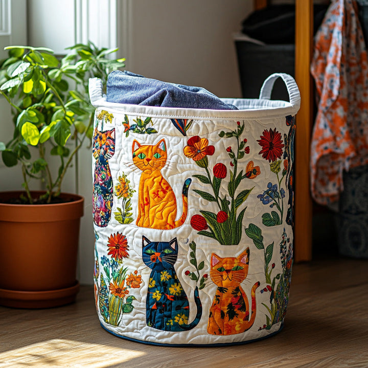 Quilted laundry basket with cosy cat by Louise London