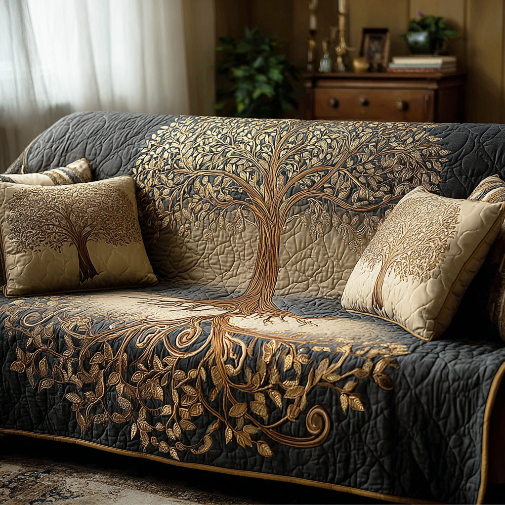 Quilted sofa cover with tree and roots – Louise London