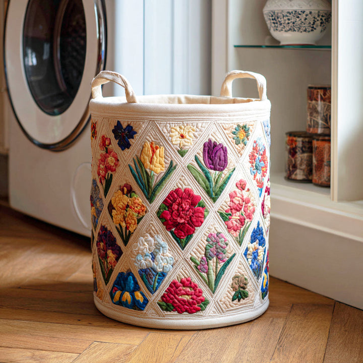 Quilted laundry basket with floral pattern by Louise London