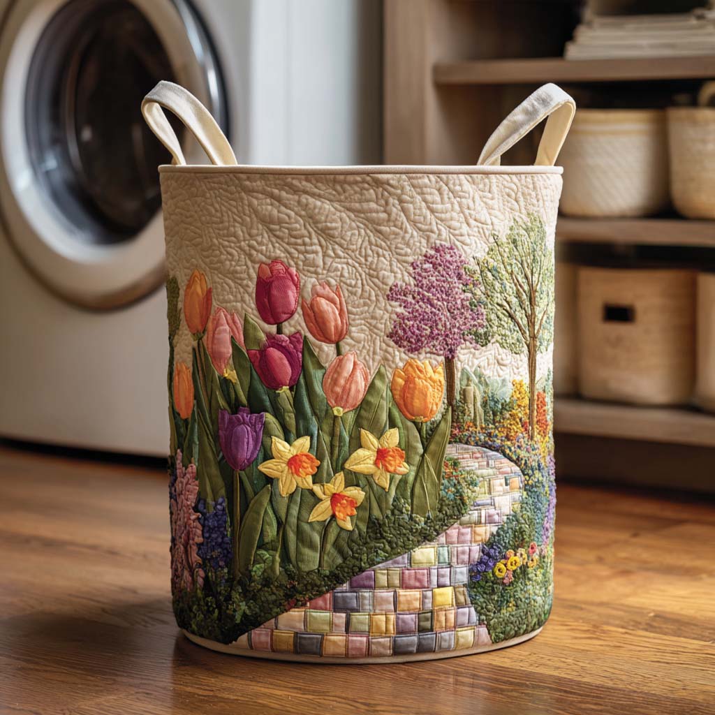 Quilted laundry basket with floral pattern by Louise London