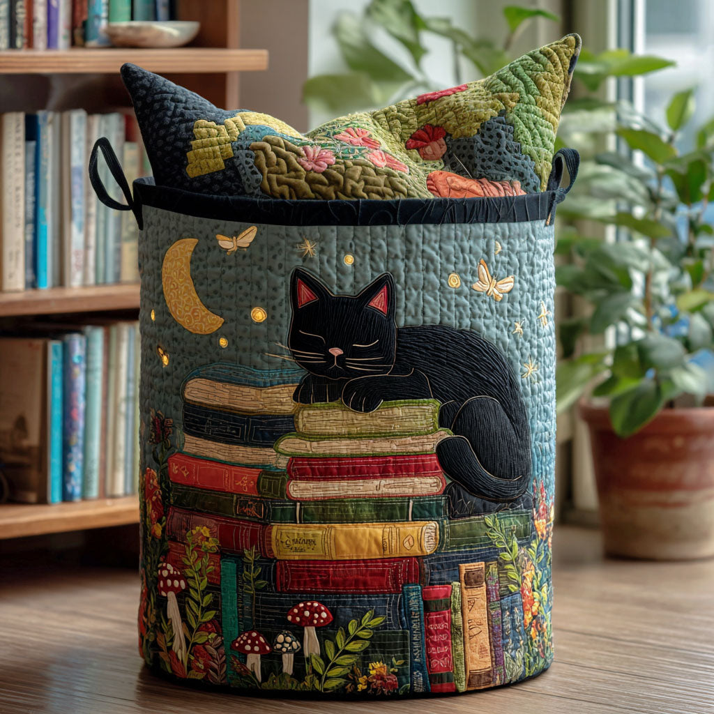 Quilted laundry basket with literary pattern by Louise London