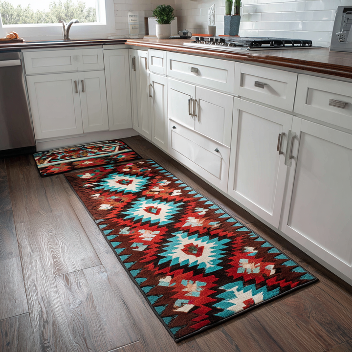 Non-slip kitchen rug with stone and warm light by Louise London