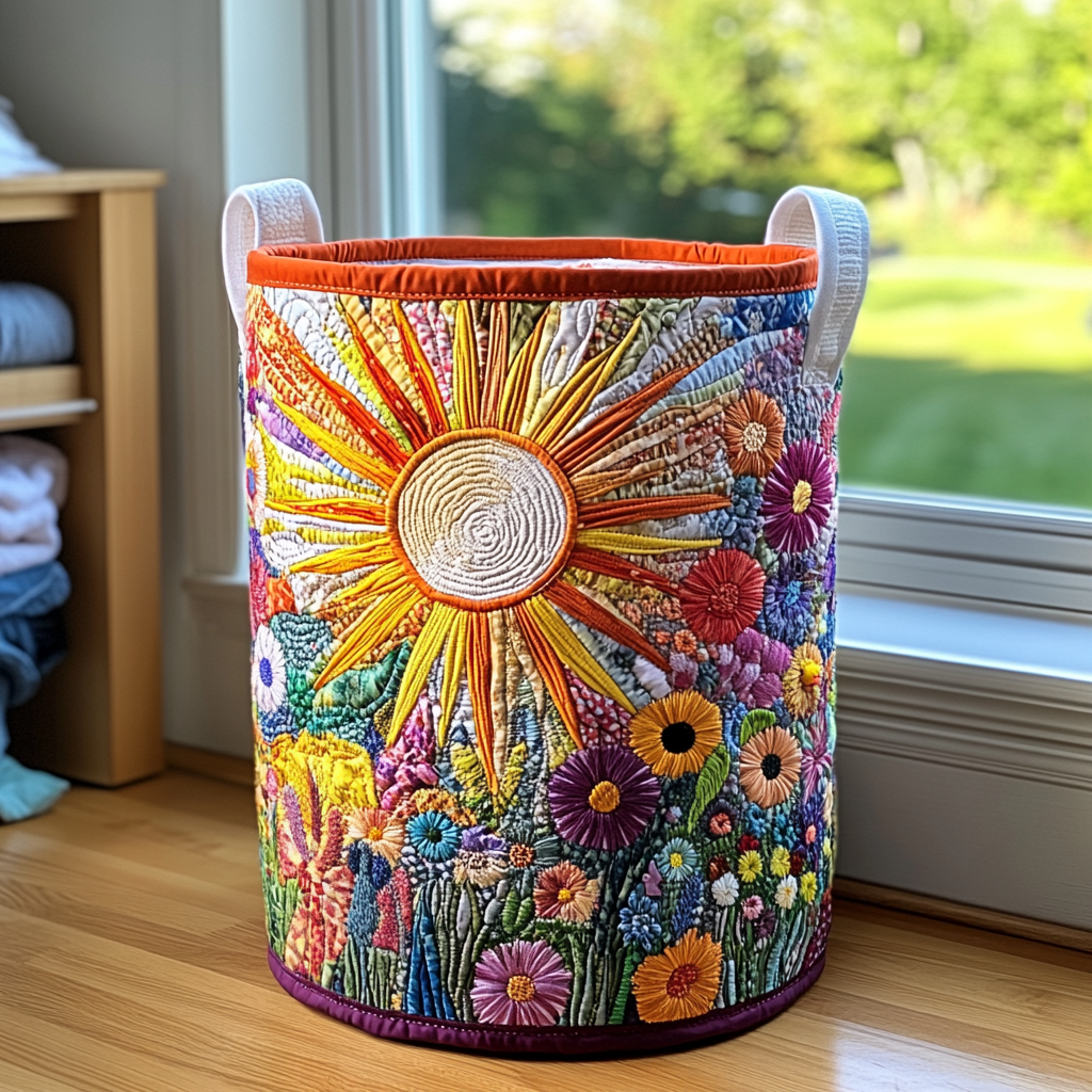 Quilted laundry basket with sunflower by Louise London