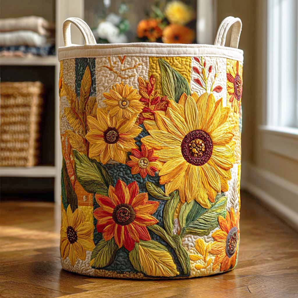 Quilted laundry basket with sunflower by Louise London