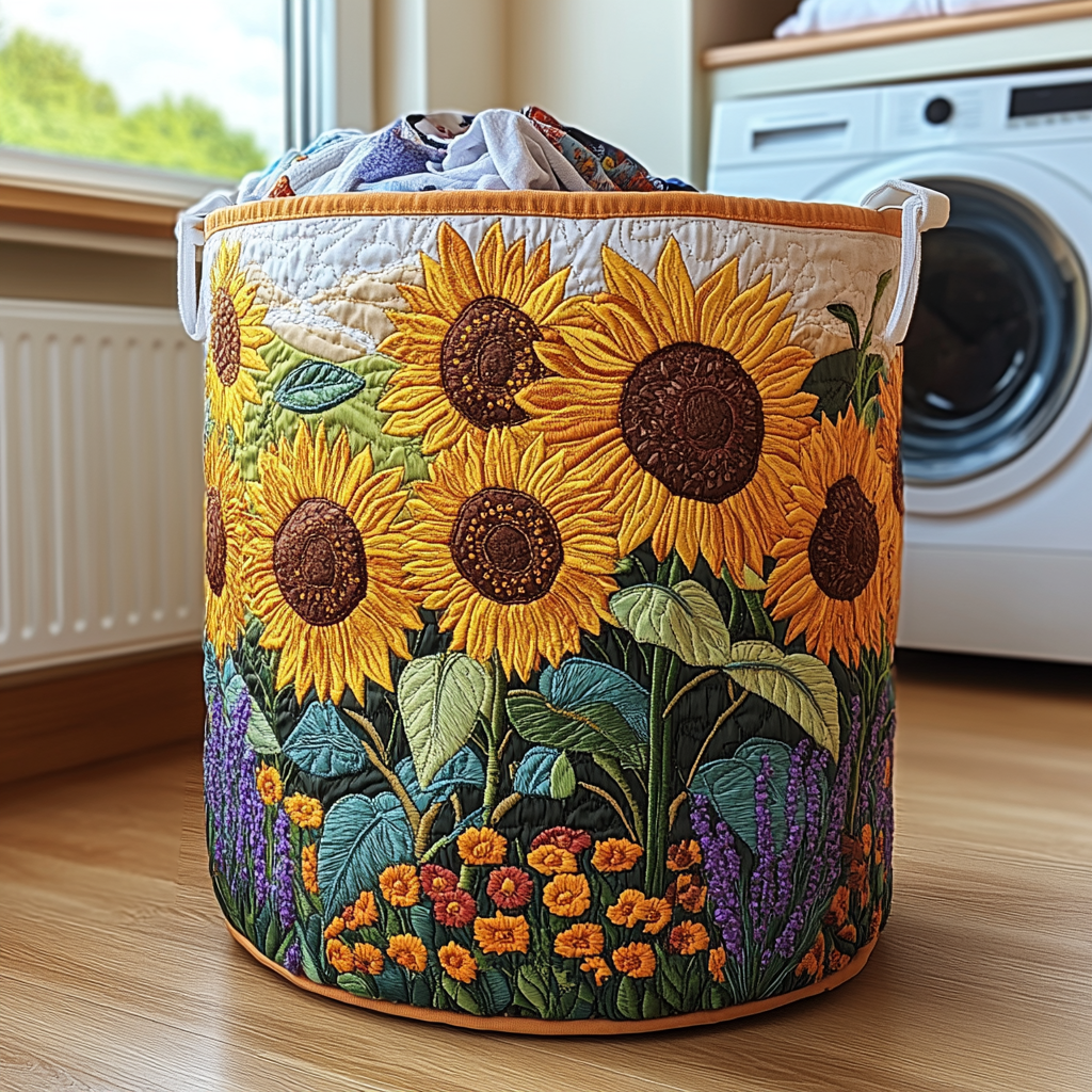 Quilted laundry basket with sunflowers by Louise London