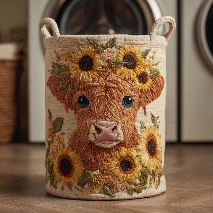 Quilted laundry basket with Highland cow and flowers NCU0HNH499