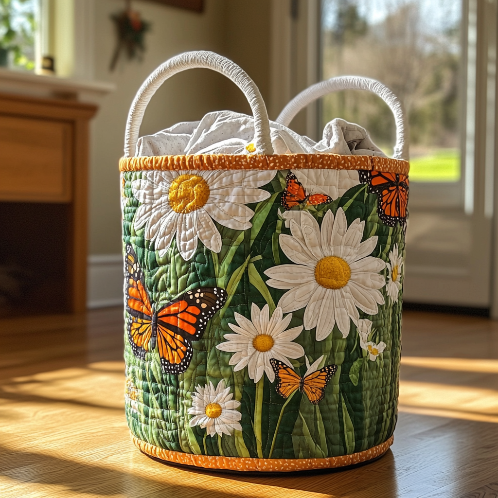 Quilted laundry basket with sunflowers by Louise London