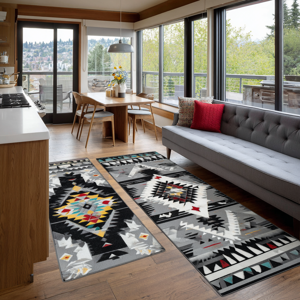 Non-slip kitchen rug with warm light and natural tones by Louise London