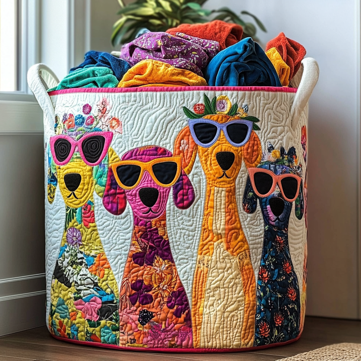 Quilted laundry basket with cheerful puppies by Louise London