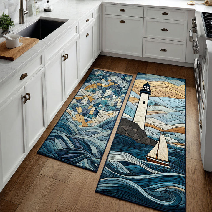 Non-slip kitchen rug with sunny lighthouse by Louise London